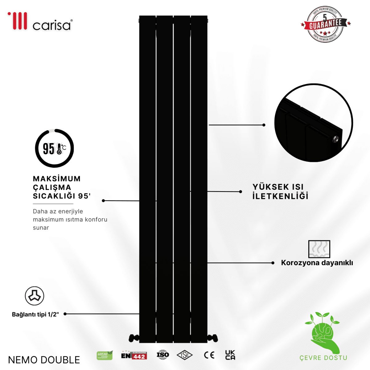 Carisa Nemo Double Alüminyum Radyatör Siyah Standart Bağlantı - carisa