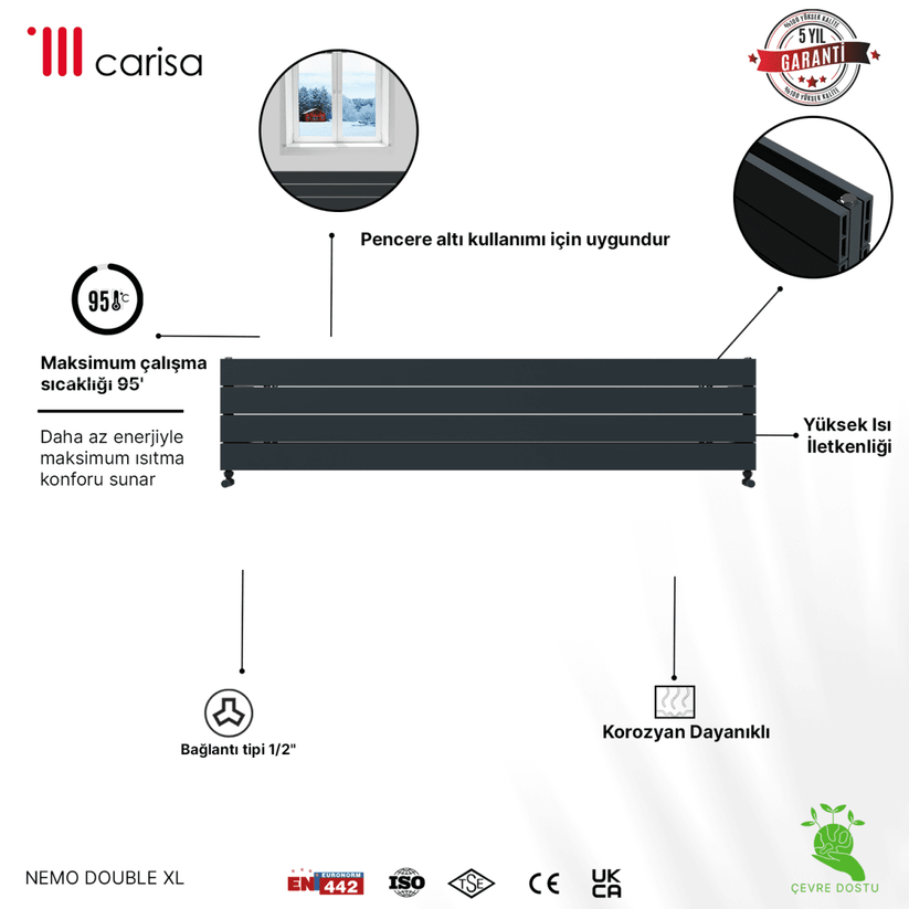 Carisa Nemo Double Xl Yatay Alüminyum Radyatör Modern Tasarım Antrasit - carisa