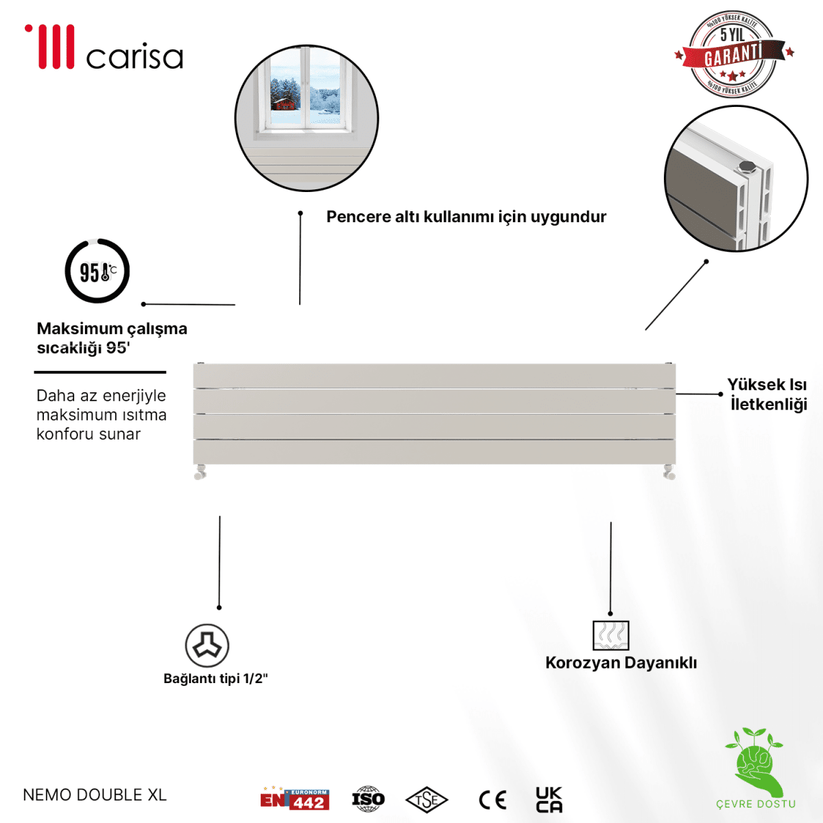 Carisa Nemo Double Xl Yatay Alüminyum Radyatör Modern Tasarım Beyaz - carisa