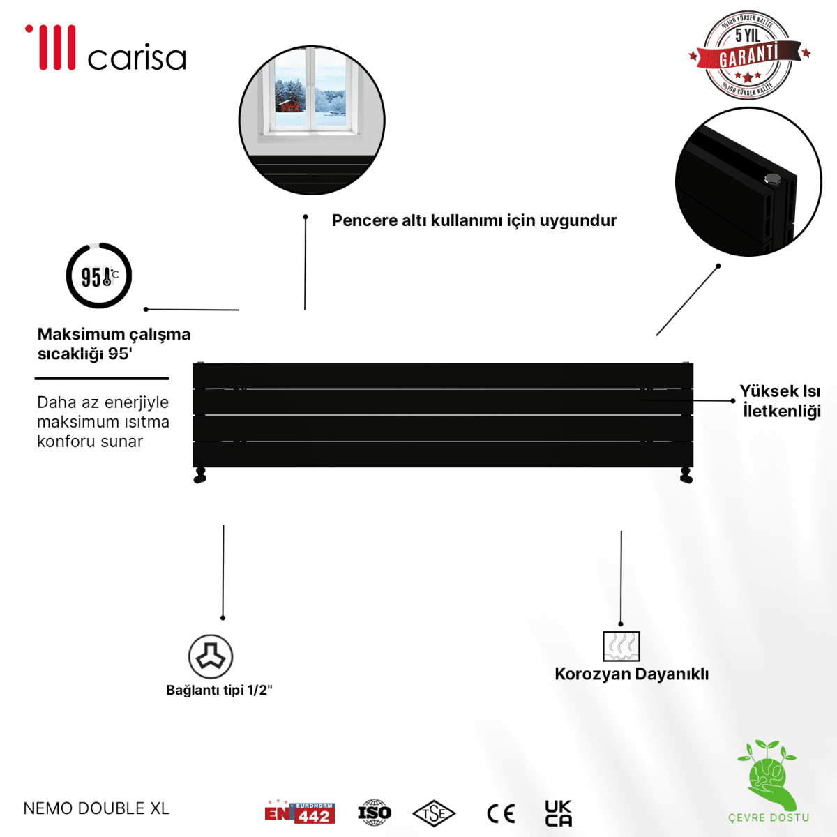 Carisa Nemo Double Xl Yatay Alüminyum Radyatör Modern Tasarım Siyah - carisa