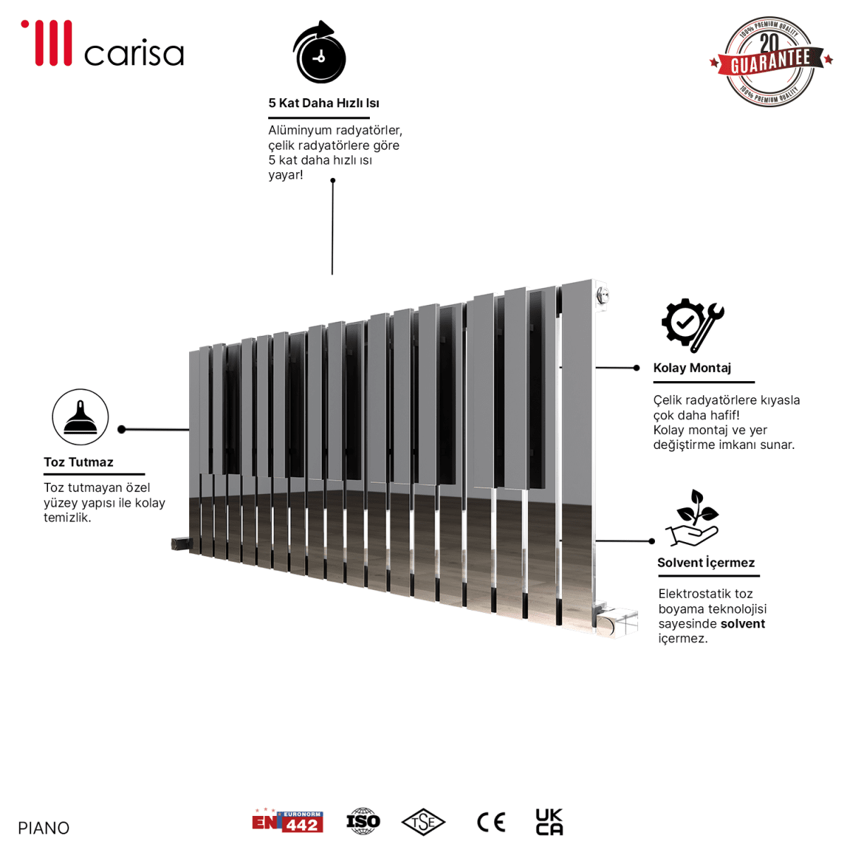 Carisa Piano Yatay Paslanmaz Çelik Radyatör Modern Tasarım Ayna Polisaj - carisa