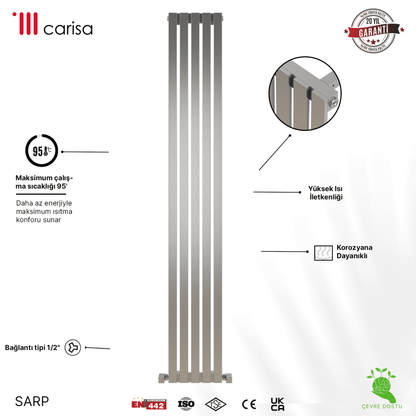 Carisa Sarp Dikey Paslanmaz Çelik Radyatör Modern Tasarım Satine - carisa