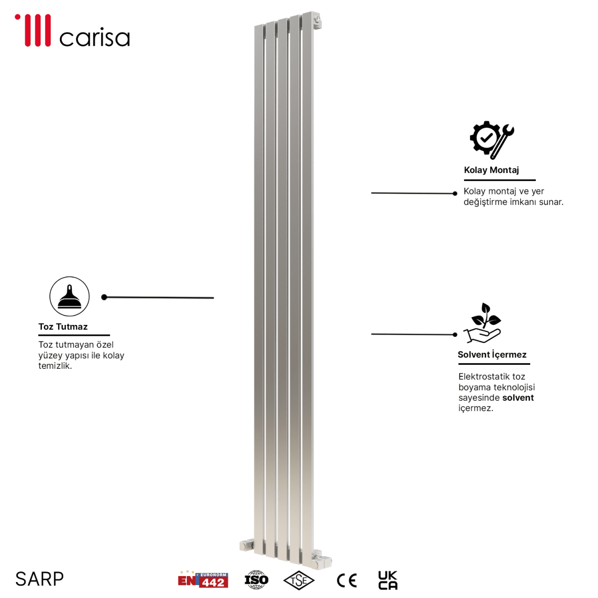 Carisa Sarp Dikey Paslanmaz Çelik Radyatör Modern Tasarım Satine - carisa