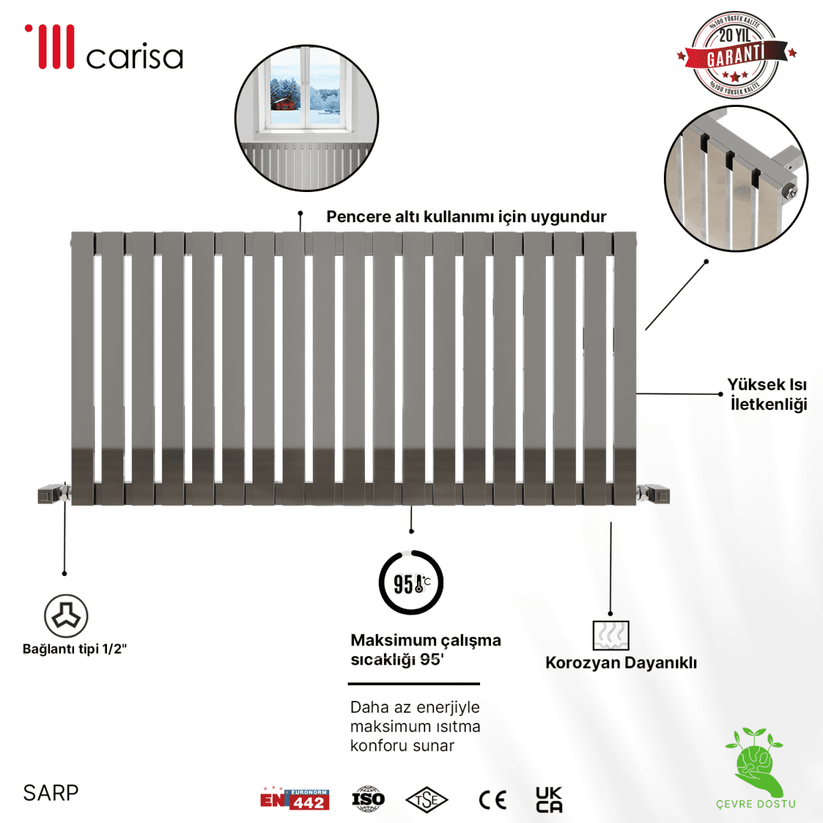 Carisa Sarp Yatay Paslanmaz Çelik Radyatör Modern Tasarım Ayna Polisaj - carisa